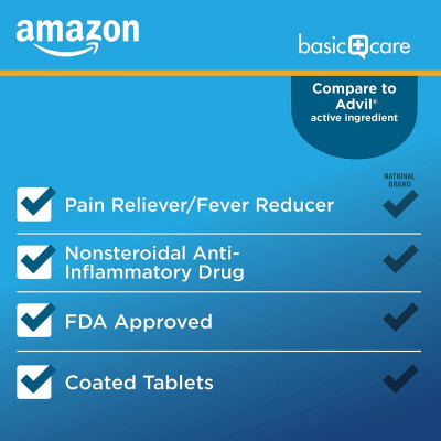 Amazon Basic Care Ibuprofen Tablets, Fever Reducer and Pain Relief from Body Aches, Headache, Arthritis and More, Brown, 200 Count