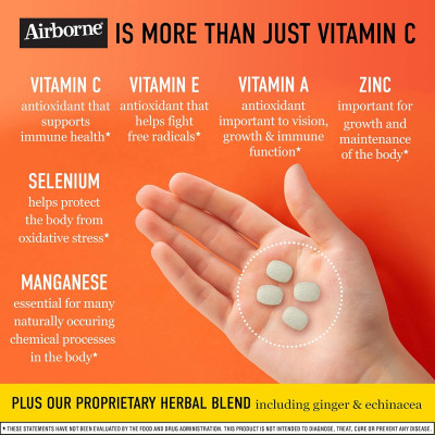 Airborne 1000mg Vitamin C Chewable Tablets with Zinc, Immune Support Supplement with Powerful Antioxidants Vitamins A C & E - 32 Chewable Tablets, Citrus Flavor