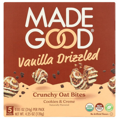 MadeGood Vanilla Drizzled Crunchy Oat Bites, 5 Pack, Organic Snacks