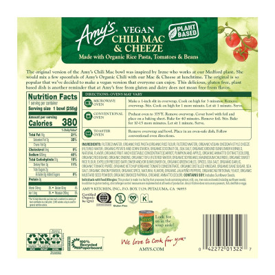 Amy's Frozen Meals, Vegan Chili Mac and Cheeze Pasta Bowl, Made With Organic Ingredients, Gluten Free Microwave Meals, 9 Oz