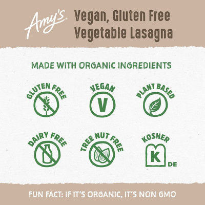 Amy's Frozen Meals, Vegan Vegetable Lasagna, Made With Organic Vegetables and Vegan Cheeze, Gluten Free Microwave Meals, 9 Oz