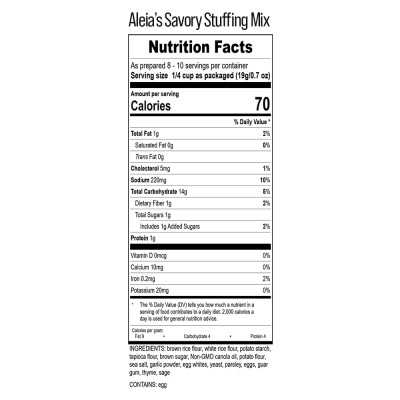 ALEIA'S BEST. TASTE. EVER. Savory Stuffing Mix - 10 oz / 1 Pack – Authentic Taste, Classic Stuffing for Gluten Free Recipes, Certified Gluten Free, Non-GMO, Corn Free, Soy Free, Dairy Free, Low Sodium, Kosher