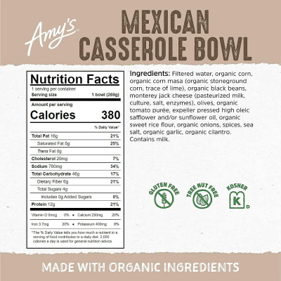 Amy's Frozen Meals, Mexican Casserole, Made With Organic Corn and Beans, Gluten Free Microwave Meals, 9.5 Oz