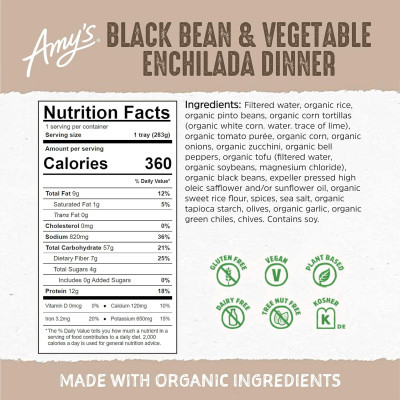 Amy's Frozen Meals, Vegan Black Bean and Vegetable Enchilada With Rice and Beans, Organic Vegetables, Gluten Free Microwave Meals, 10 Oz
