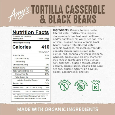 Amy's Frozen Meals, Tortilla Casserole and Black Beans, Gluten Free, Made With Organic Vegetables, Microwave Meals 9.5 Oz