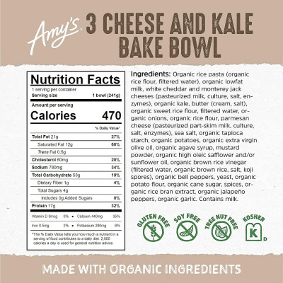 Amy's Frozen Meals, 3 Cheese and Kale Bake, Made With Organic Rice Pasta and Veggies, Gluten Free Microwave Meals, 8.5 Oz