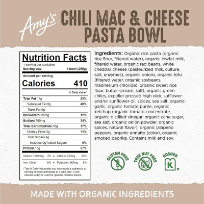 Amy's Frozen Meals, Chili Mac and Cheese Pasta Bowl, Made With Organic Rice Pasta, Tomatoes and Beans, Gluten Free Microwave Meals, 9 Oz