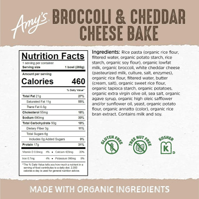 Amy's Frozen Meals, Broccoli and Cheddar Cheese Bake, Made With Organic Rice Pasta and Veggies, Gluten Free Microwave Meals, 9.5 Oz
