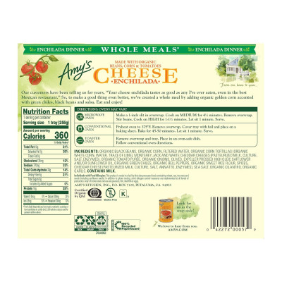 Amy's Frozen Meals, Cheese Enchilada, Made With Organic Black Beans and Corn, Gluten Free Microwave Meals, 9 Oz
