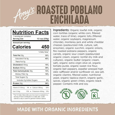 Amy's Frozen Meals, Roasted Poblano Enchilada, Made With Organic Tortillas, Poblanos, Tofu and Cheese, Gluten Free Microwave Meals, 9.1 Oz