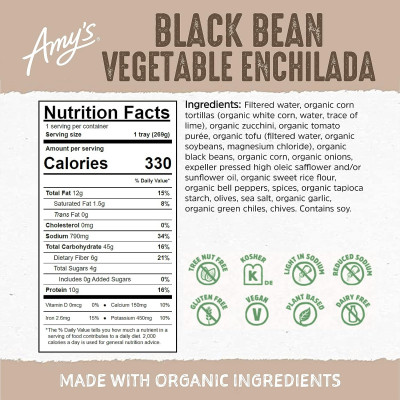 Amy's Frozen Meals, Vegan Black Bean and Vegetable Enchilada, Made With Organic Tortillas, Gluten Free Microwave Meals, 9.5 Oz