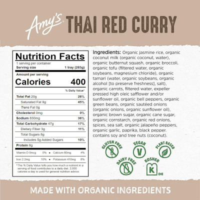 Amy's Frozen Meals, Vegan Thai Red Curry, Made With Organic Jasmine Rice, Broccoli, Carrots & Coconut Milk, Gluten Free Microwave Meals, 10 Oz