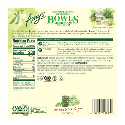 Amy's Frozen Meals, Mushroom Risotto Bowl, Made With Organic Arborio Rice, Gluten Free Microwave Meals 9.5 Oz