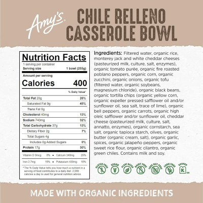 Amy's Frozen Meals, Chile Relleno Casserole Bowl, Made With Organic Rice and Black Beans, Gluten Free Microwave Meals, 9 Oz