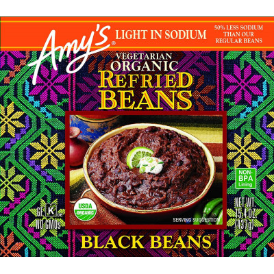 Amy's Organic Refried Beans Canned, Light in Sodium Refried Black Beans, Vegan Gluten Free and Vegetarian, 15.4 Oz